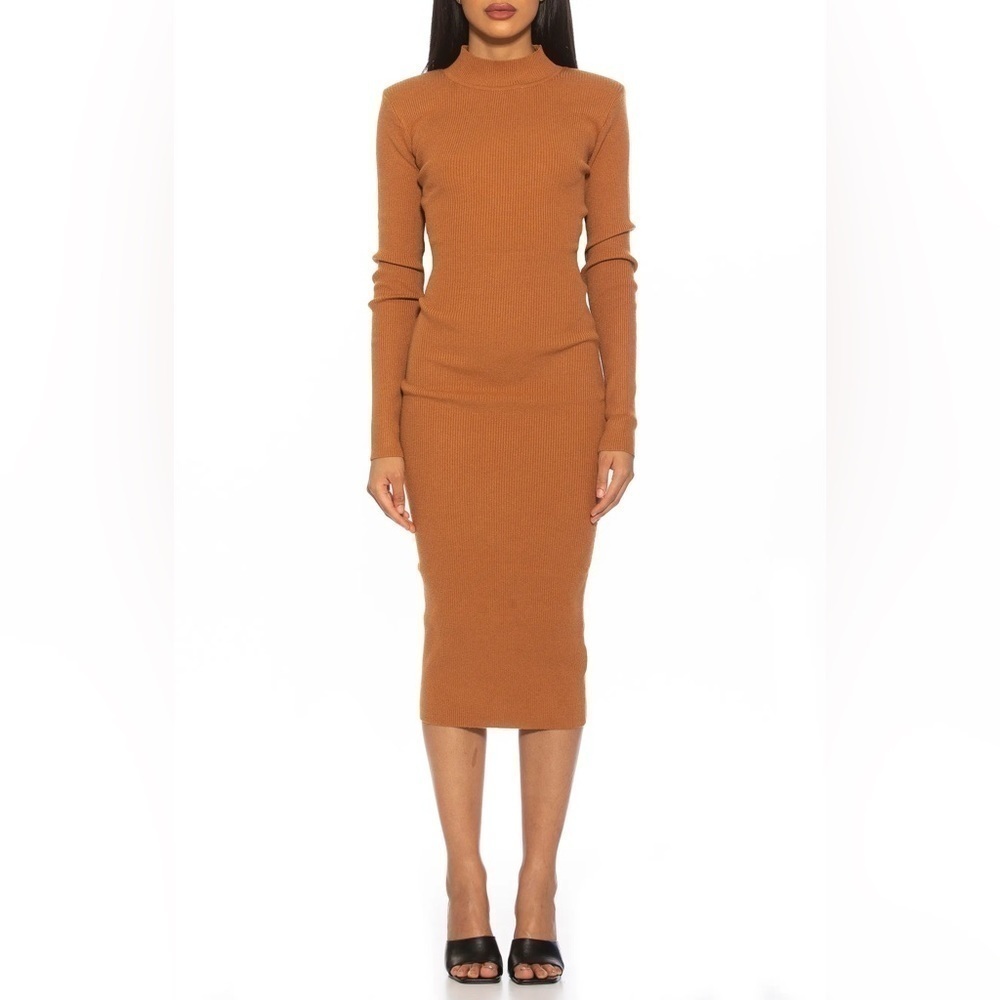 Alexia Admor Tan Ribbed Knit Midi Dress Twist Back Cutout Mock Neck XL D3953